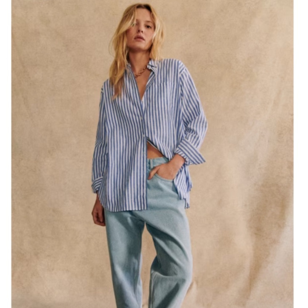 Sezane Womens Shirt Button Down Max Long Sleeves Oversized Striped Blue